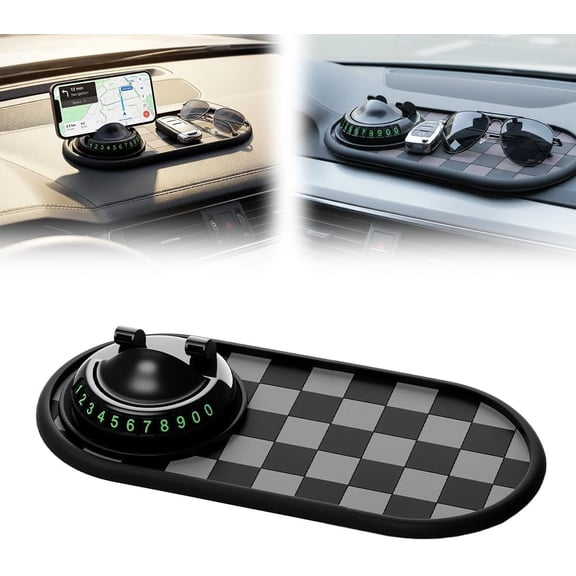 Mobile Phone Bracket Anti-Slip Mat, Multifunction Car Dashboard Mat with 360° Rotatable Holder, Temporary Parking Number Display for Phones & Keys