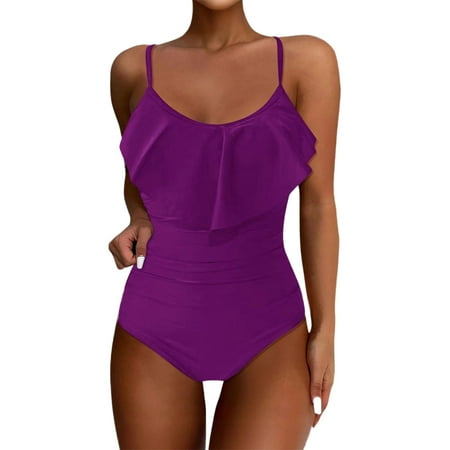 Biziza One Piece Swimsuit for Women Solid Color Basic Ruffled Padded with Built in Bra 2025 Trendy Purple Tummy Control Swimsuits Mock Turtleneck Ruffle Spandex Bathing Suits