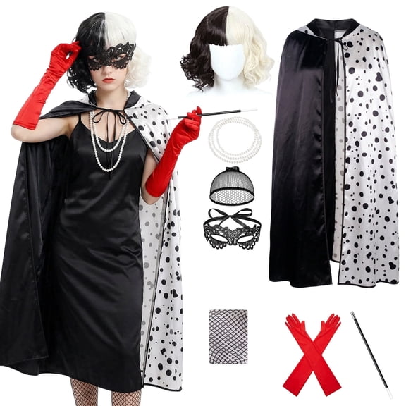 Forfamy De-Ville Costume Women,Black White Coat with Wigs Gloves Necklace, Womens Halloween Costumes