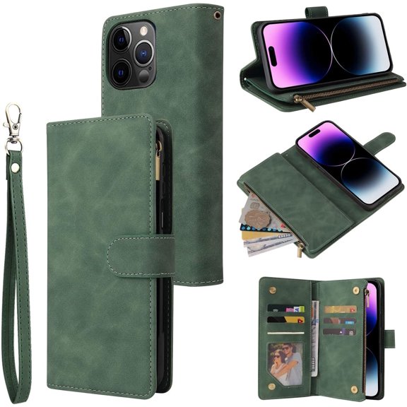 Wallet Case Compatible with iPhone 14 Pro (6.1 inch), Premium PU Leather with RFID Blocking Card Slots Zipper Flip Folio Wallet Wrist Strap Magnetic Closure Kickstand Case (Pink)