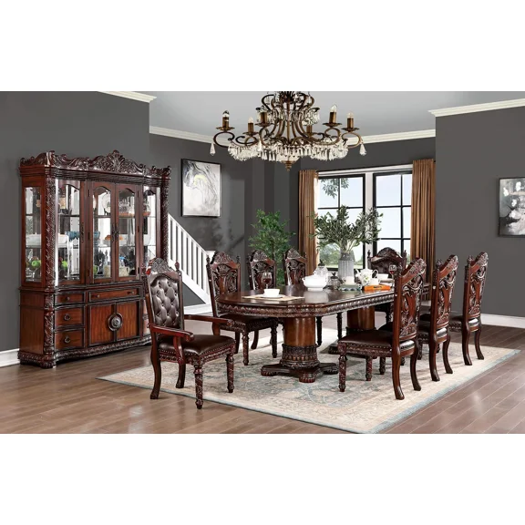 Dining Room Furniture 9pc Set Brown Cherry Dining Table w Leaves 2x Arm Chairs 6x Side Chairs Dark Brown Leatherette Seat