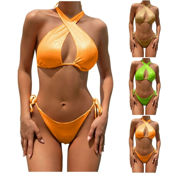 Elainilye Fashion Swimsuit for Women 2024 2 Piece Bikini Set New Sexy Swimsuit Printed Bikini Swimsuit Swimwear,Gold