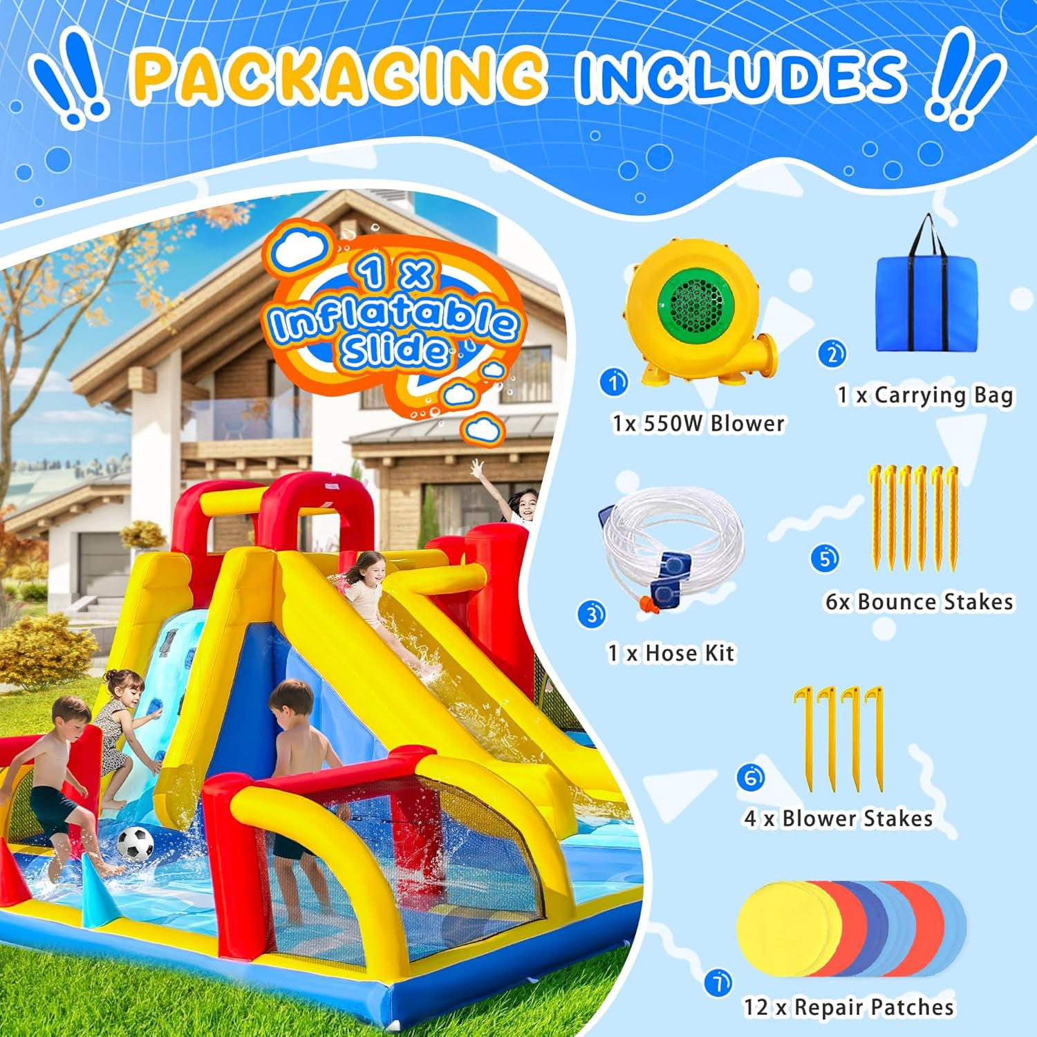 Cuoote Inflatable Water Slide for Kids, 8 in 1 Giant Water Park for Backyard Outdoor with Long Slide, Air Blower, 2 Mins Blow Up