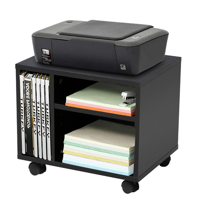 Armoire Mobile pour Imprimante à 2 Niveaux en Bois, Chariot Classeur pour Bureau à Domicile avec 3 Compartiments de Rangement et Roues Verrouillables
