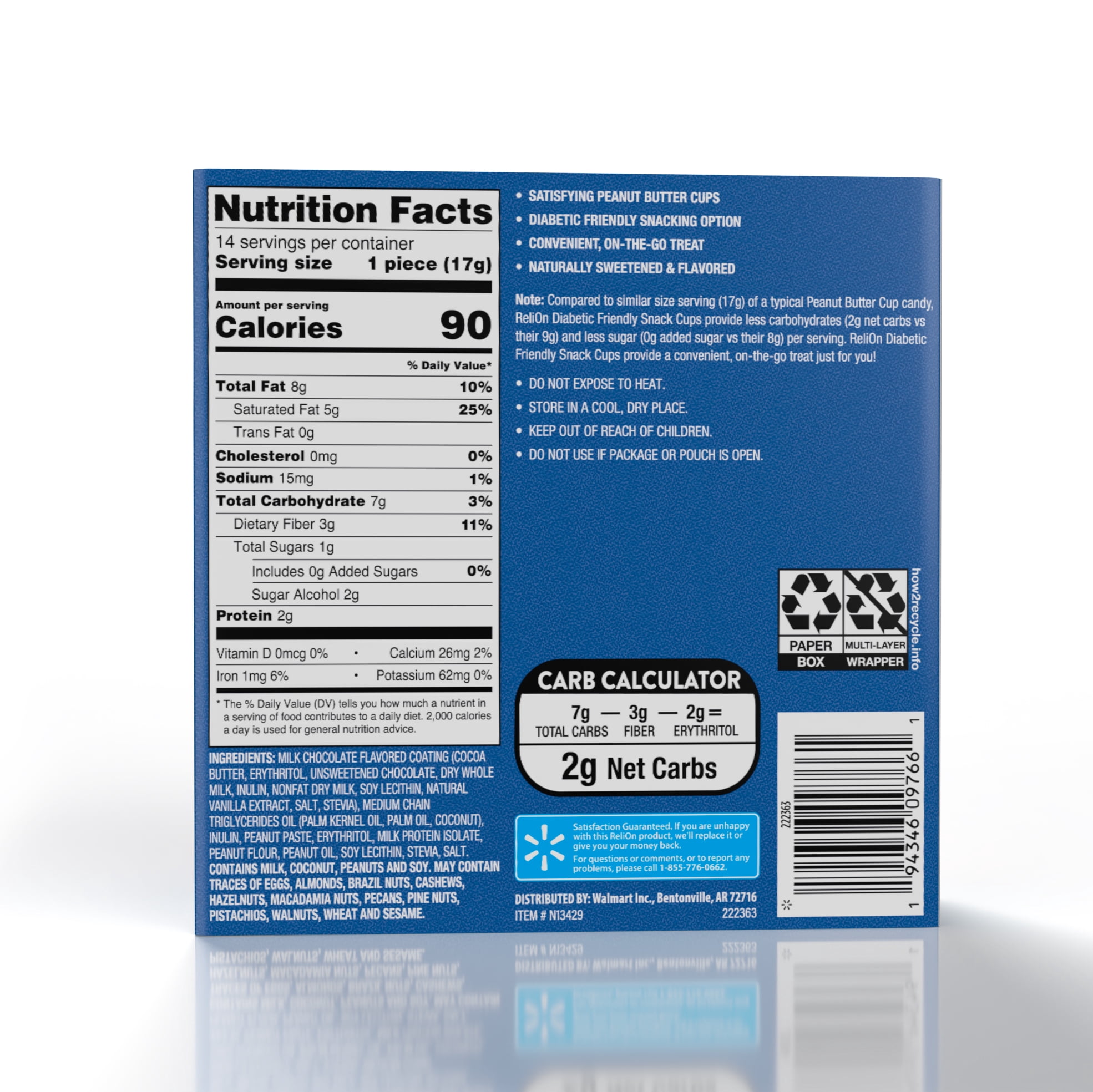 (2 pack) ReliOn Diabetic Friendly Snack Cup, Peanut Butter Cup, 14 Count