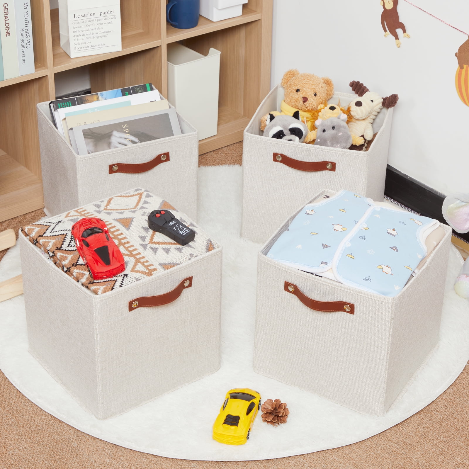 ANLEM Fabric Storage Cubes Set of 4,12 x 12 Storage Baskets,Cloth Storage Bins for Organizing with Handles,Closet Baskets for Organizing Home Nursery(Gream)