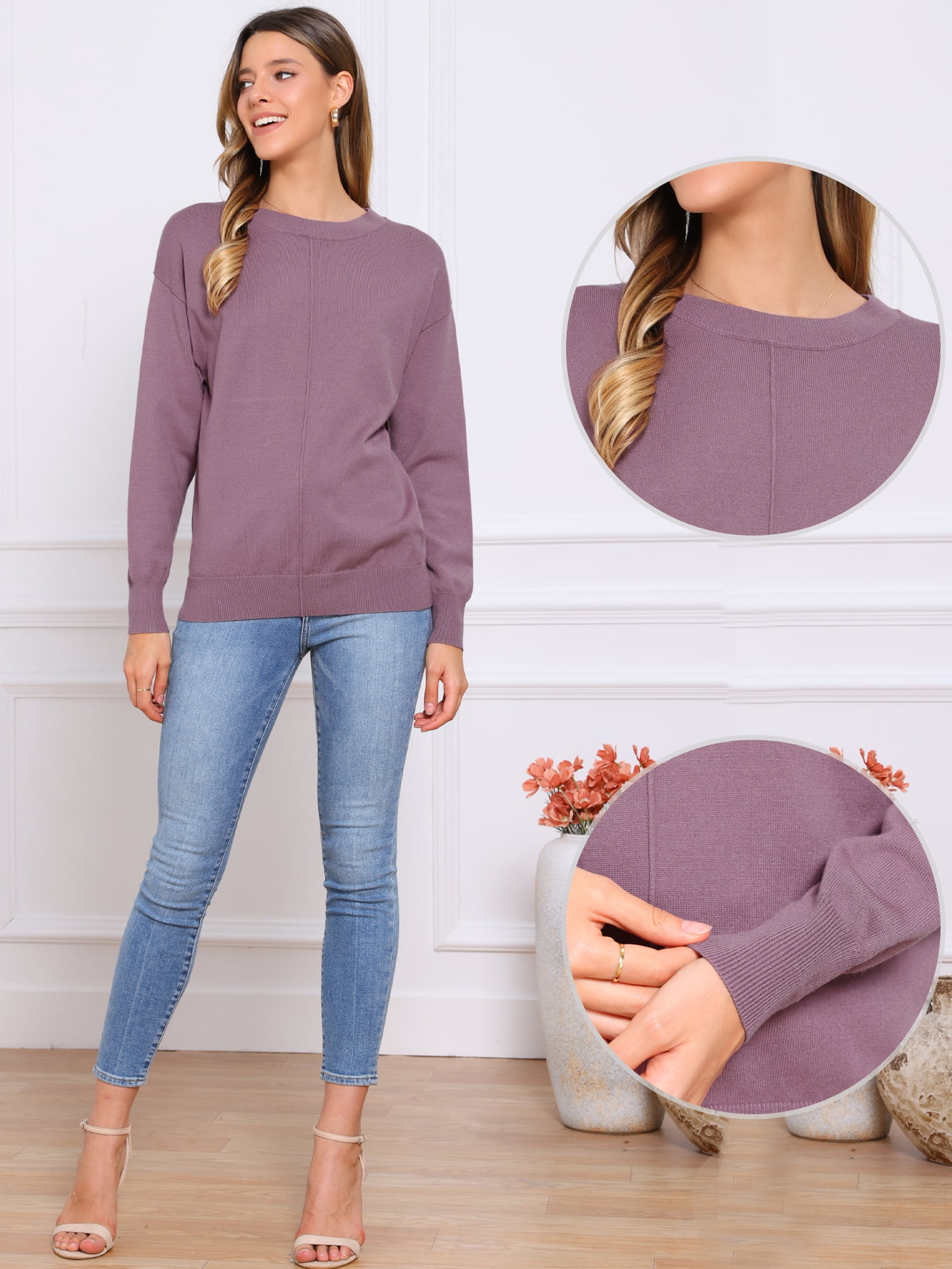 DARING DIVA Women's Long Sleeve Lightweight Crew Neck Knit Top M Dusty Lavender