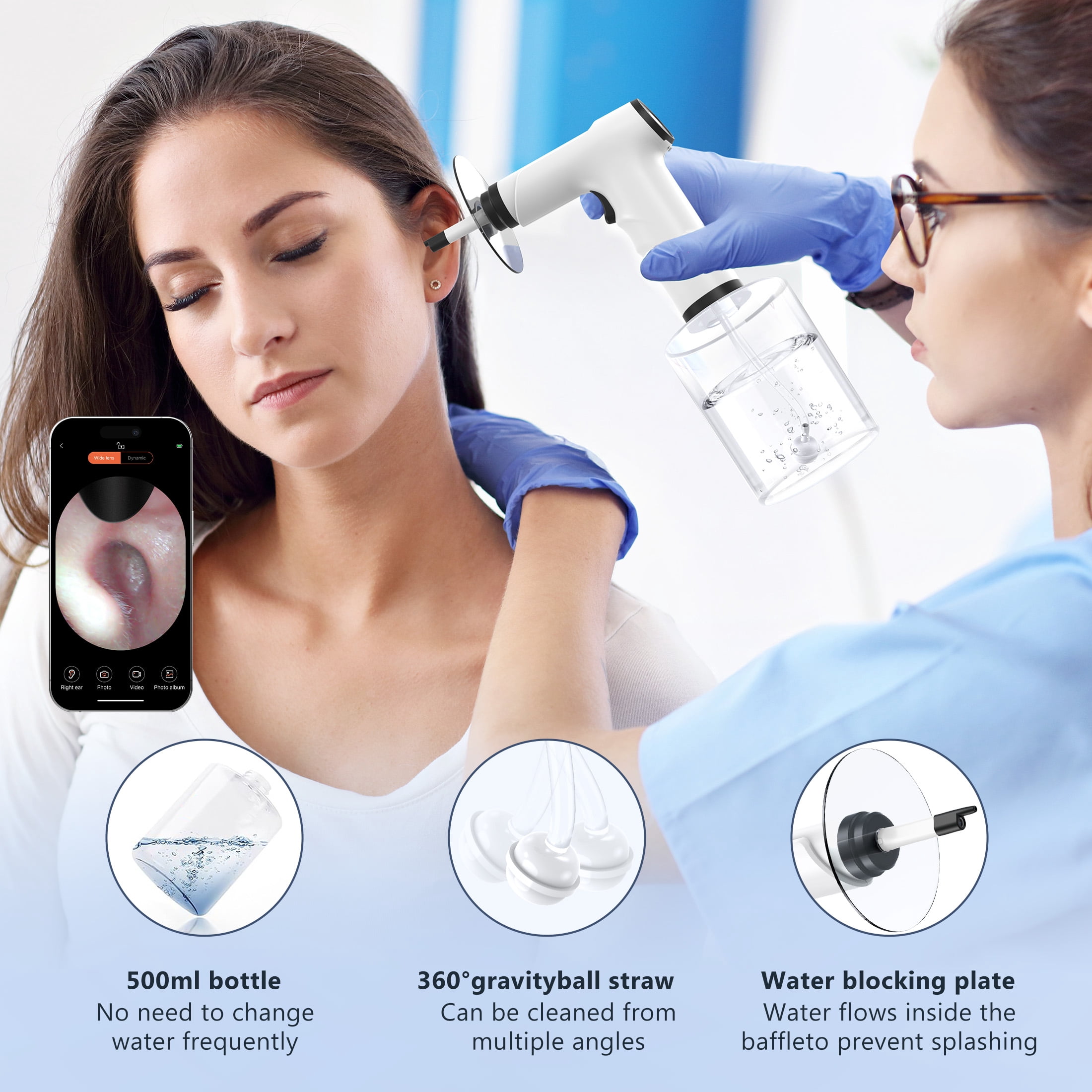 IHRAT Ear Wax Removal Kit, Electric Ear Cleaning Tool with 4 Pressure Modes, Safe Effective Powered Ear Cleaner, Ear Irrigation with Visual Flushing System with Camera for Adults -Black
