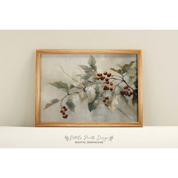 Vintage Holly Berry Winter Art Print, Rustic Wall Decor Home Decor #1661, Unframed Poster Size 8x12