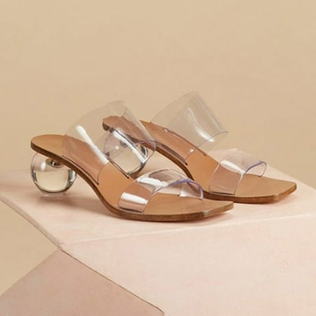 

Tangnade Women shoes Women Slipper Summer Crystal Heel Beach Slippers Transparent Square Toe Shoes White 37