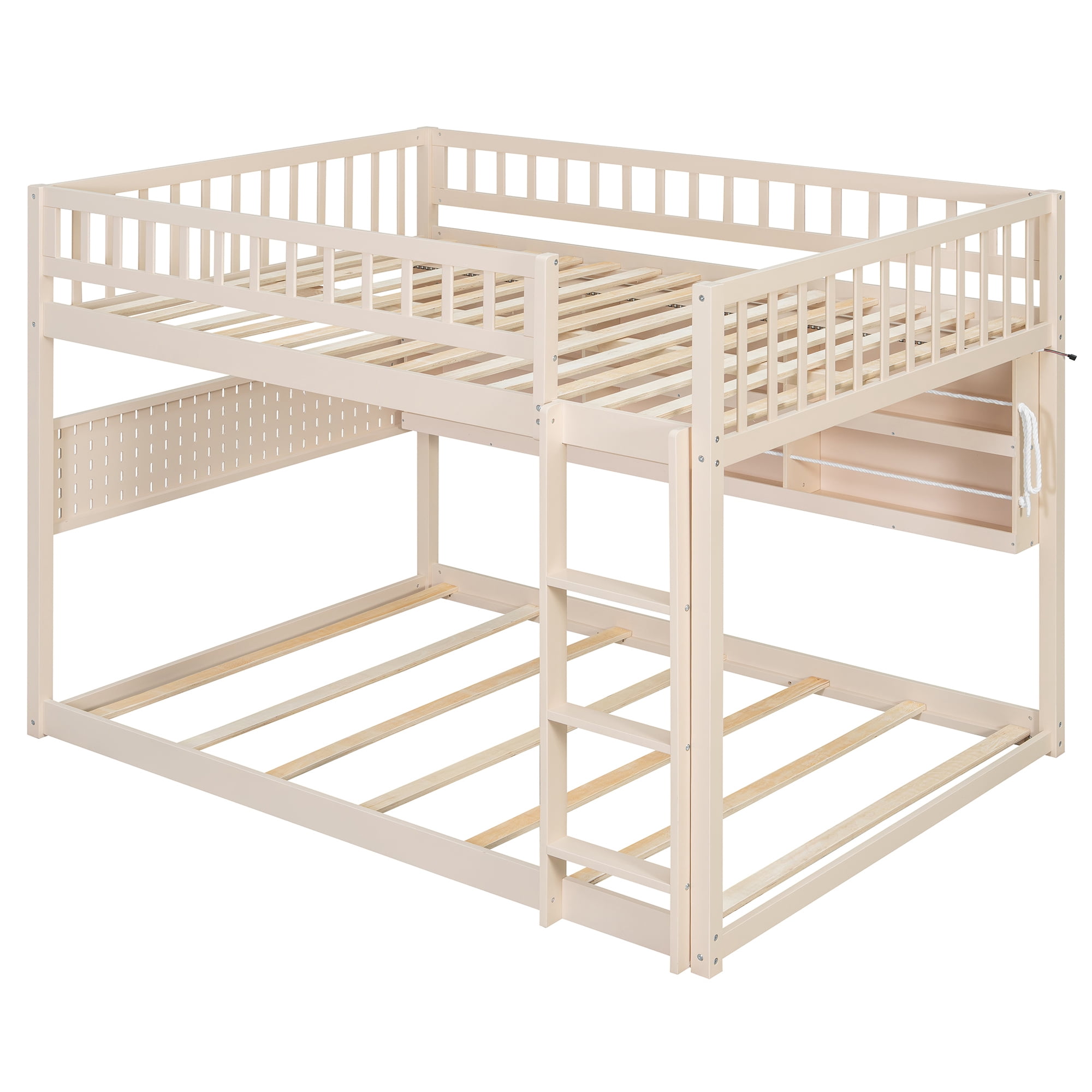 Full over Full Wood Bunk Bed with Integrated Side Storage Shelves and Pegboard, Solid Wood Bunk Bed Frame with Color-Changing Lights and Safety Guardrails for Teens, Adults, Guests