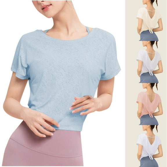 Olyvenn Workout Tops for Women Short Sleeve Loose Athletic Shirts Soft Comfortable Yoga Top Back Tied Running Hiking Tee Light Blue L