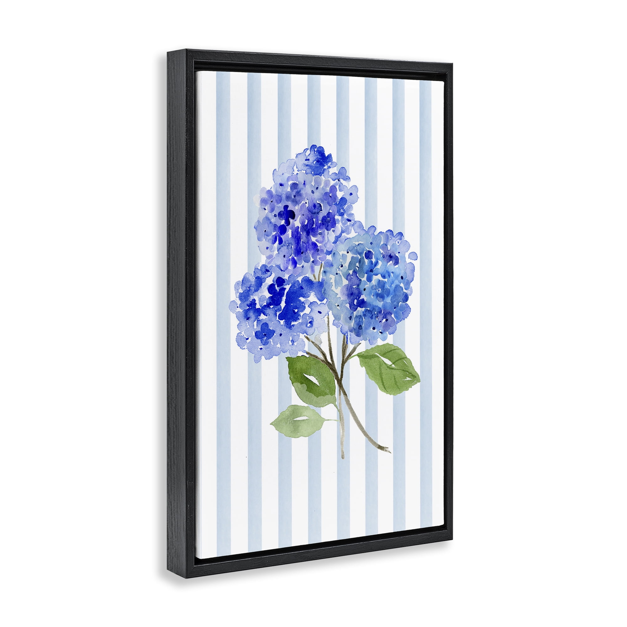 Stupell Industries Blue Hydrangeas over Stripes Black Framed Floater Canvas Wall Art, design by Corinne Haig