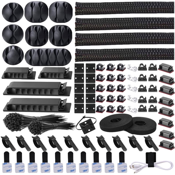 DRIVUU Kit organizador de gestión de cables de 311 piezas, 4 fundas para cables divididas, 53 clips para cables, 12 soportes para clips para cables, 22 bridas para cables, 20 bridas adhesivas para cab