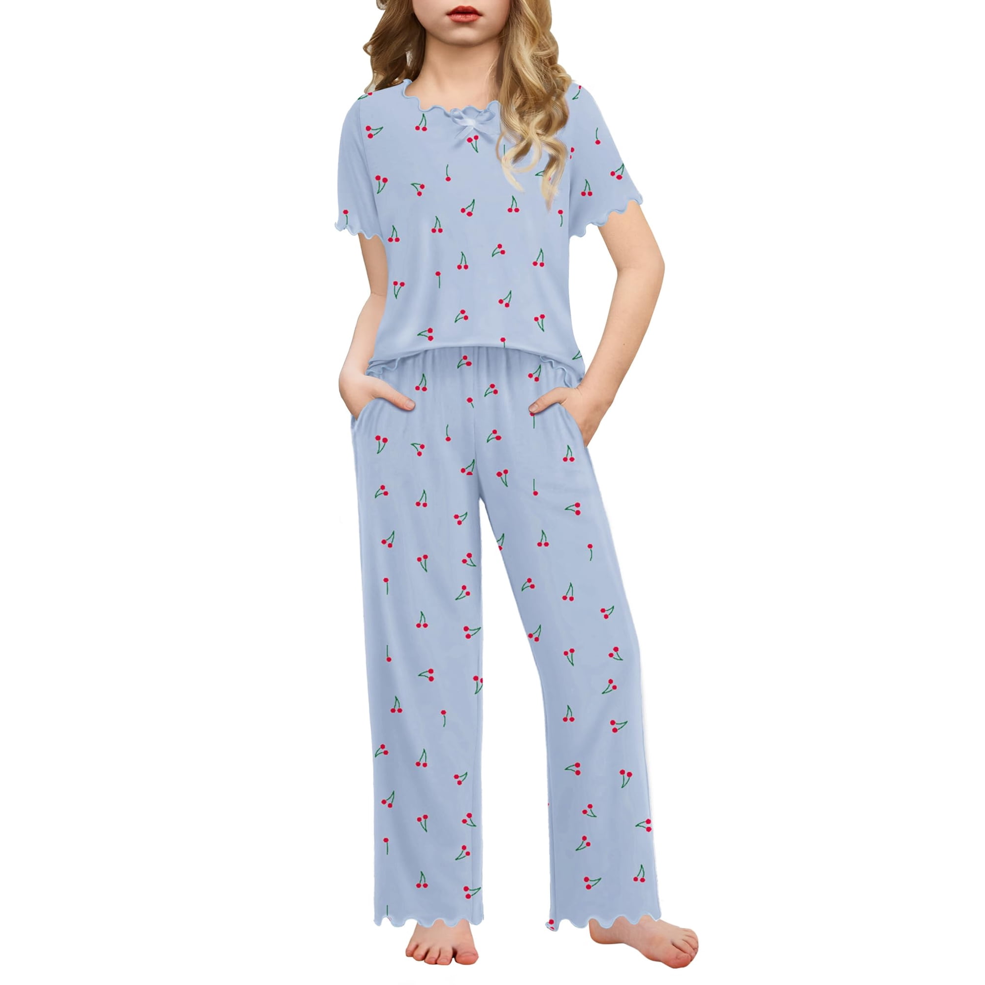 Arshiner Girls Pajama Set Short Sleeve Long Pant Sleepwear Soft Shirring Lounge Set Pjs
