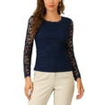 thumbnail image 1 of Blusa de encaje con bordado de flores transparente de manga larga y cuello redondo INSPIRE CHIC para mujer, color azul oscuro, talla M, 1 of 6