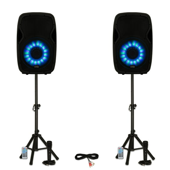 Acoustic Audio AA15LBS Powered 2000W 15" Bluetooth Flashing LED Speakers with Mics and Stands