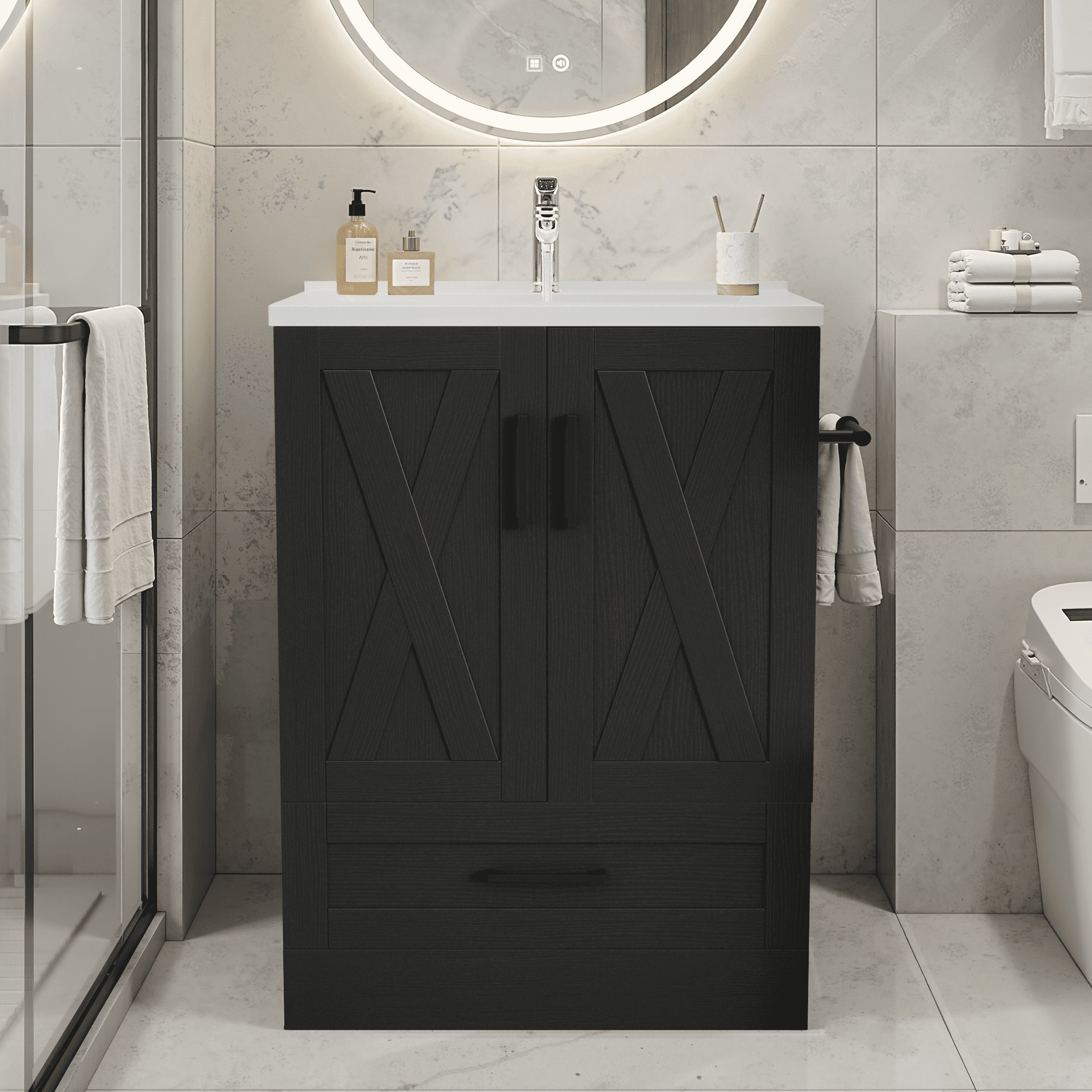 Lacoo 24" Bathroom Vanity with Sink Basin, Farmhouse Bathroom Storage Vanity Cabinet with 2 Doors & 1 Drawer, Freestanding Bathroom Cabinet with Washbasin, Black