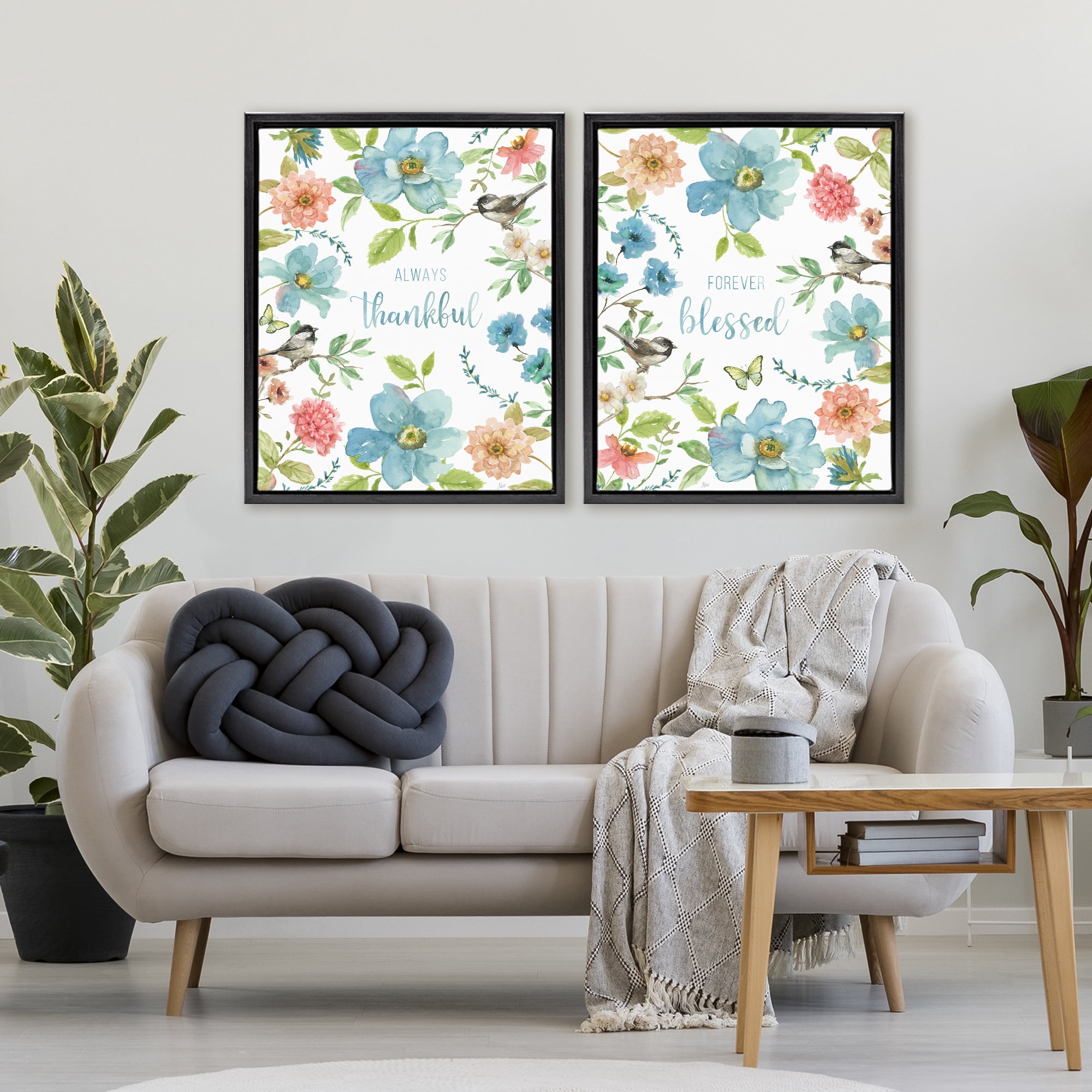 Stupell Industries Pink & Blue Gratitude Blooms 2 Piece Black Framed Floater Canvas Set, design by Nan