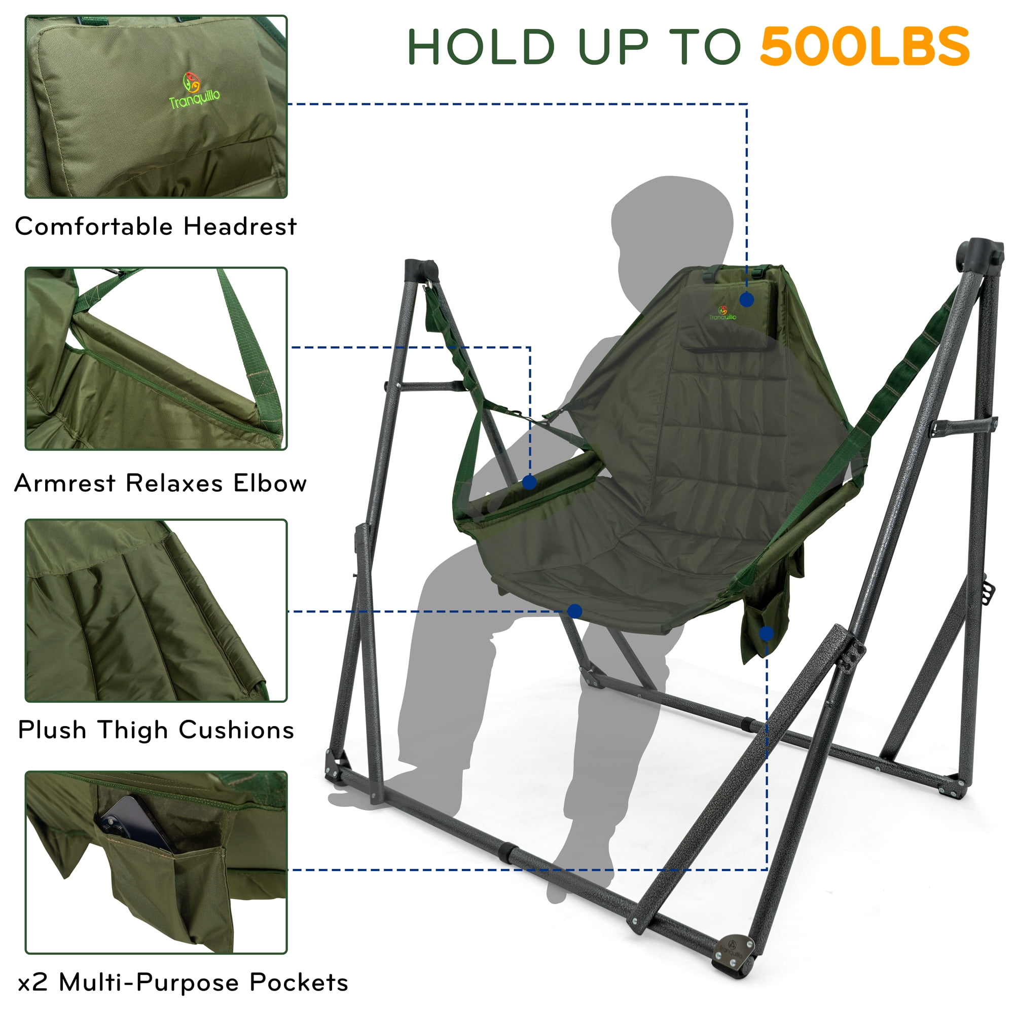 Tranquillo 2 in 1 Hammock and Swinging Chair with Collapsible Steel Stand & Carrying Case, Portable & Adjustable, 30s Set Up for Outdoor, Indoor, Porch Swing, Patio, Garden, Camping Trip, Green