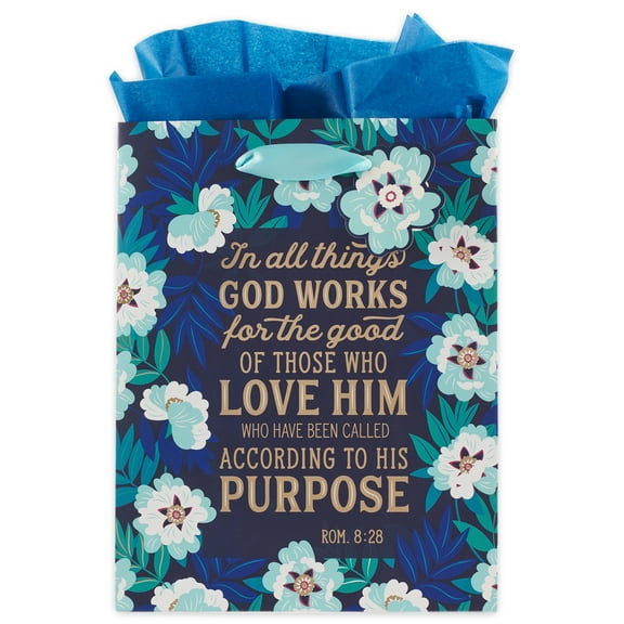 Blue/Teal Gift Bag w/ Tissue Paper Set: God Works for Good - Romans 8:28, Medium