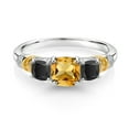 thumbnail image 2 of Gem Stone King 925 Silver and 10K Yellow Gold Yellow Citrine and Black Onyx and Diamond 3-Stone Ring for Women (1.52 Cttw, Gemstone November Birthstone, Cushion 6MM and 4MM, Size 6), 2 of 3