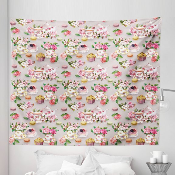 Vintage Tapestry, British Design Old Vintage Retro Image of Antique Tea Set Print, Fabric Wall Hanging Decor for Bedroom Living Room Dorm, 5 Sizes, Pale Pink Hot Pink, by Ambesonne
