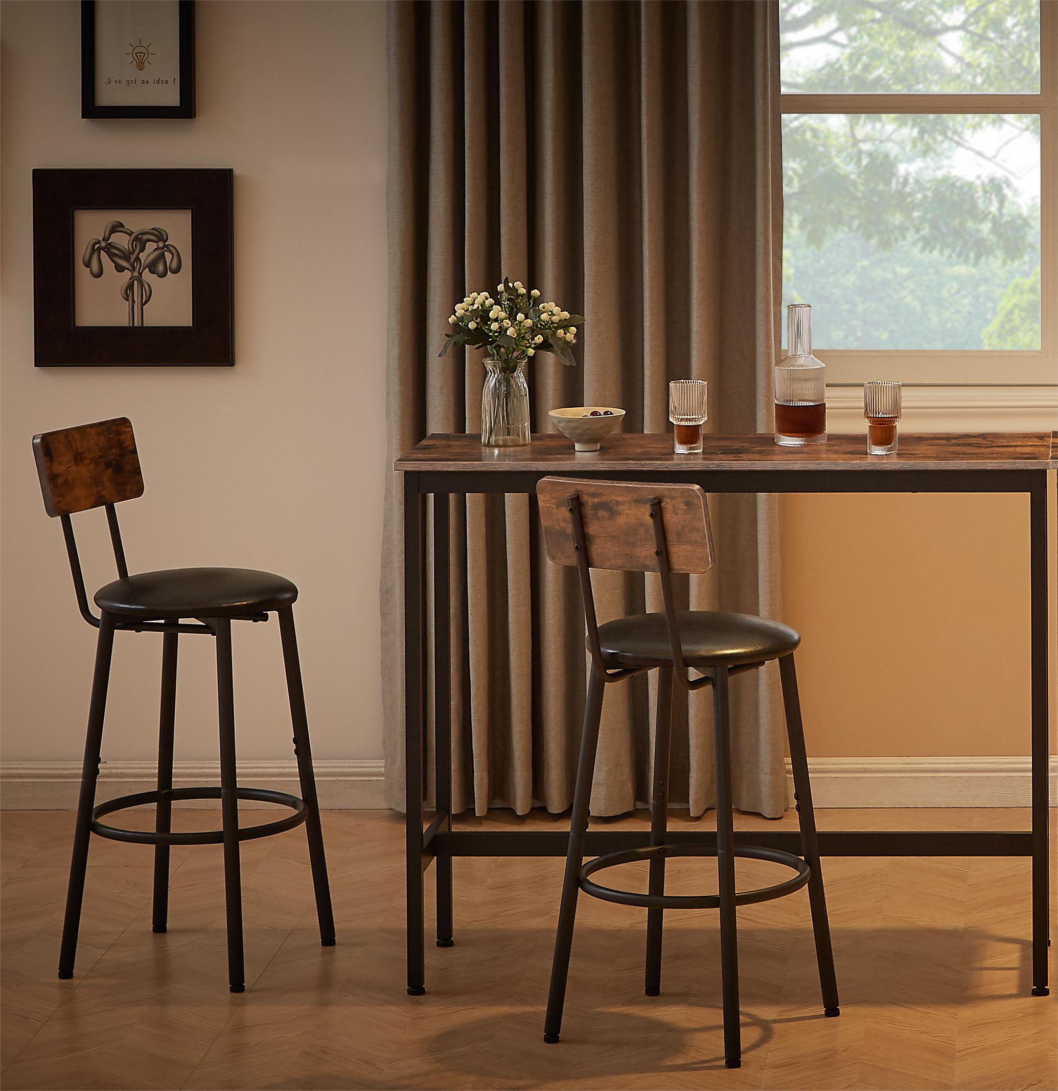 3 Pcs Bar Dining Table Set, Minimalist Style Bar Table With 2 Bar Stools PU Soft seat with Backrest Footrest for Dining Room, Kitchen, Rustic Brown,43.31"L x 15.75"W x 35.43"H