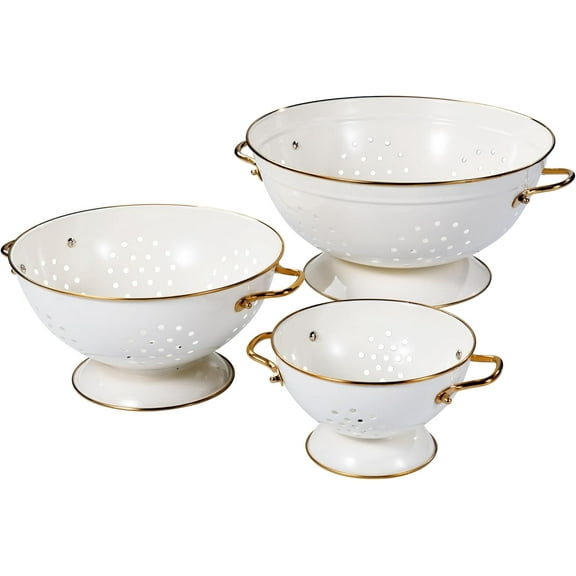 Metal Colander Set of 3, Strainer Basket with Handles perfect for Spaghetti, Pasta, Berry, Vegetable, Fruit, Solid Base Powder Coated Kitchen Essential Strainer Set, 1 & 3.5 & 5 Qt (Cream)