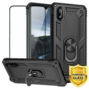 TJS Case for Samsung Galaxy A10E 5.8" 2019, with [Full Coverage Tempered Glass Screen Protector] [Impact Resistant][Defender][Metal Ring][Magnetic][Support] Heavy Duty Armor Phone Cover (Black)