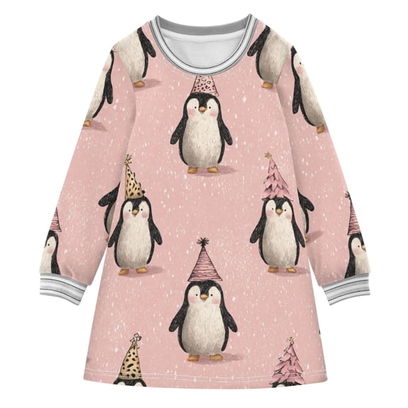 Cute Penguins in Christmas Party Long-sleeved Dress A-line One-Piece Dress for 2-8 Years Casual Party 2T