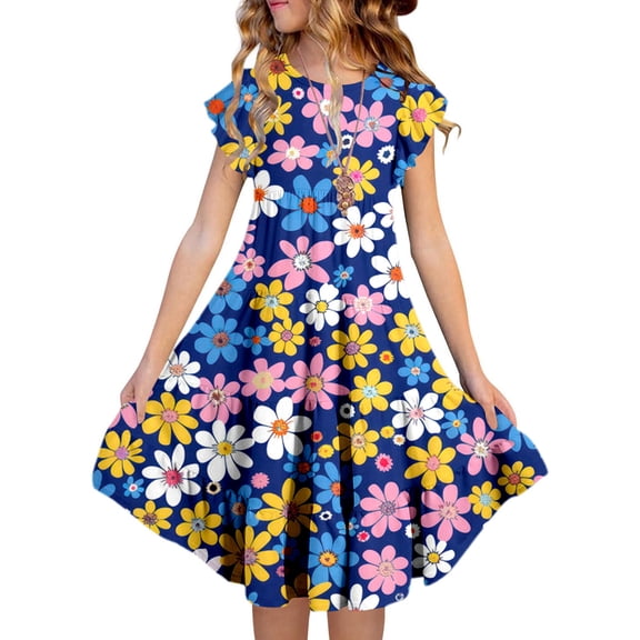 WILLBEST Vestidos Casuales para Mujer Verano Vestidos Florales para Niñas para Verano Playa Piscina Juego Al Aire Libre Cómodo Casual para Niños de 4 A 15 Años 160