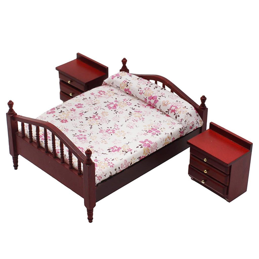 1/12 Miniature Double Bed Wooden Mini Nightstand Bedroom Furniture Model for Dolls DIY Home Decorations 2