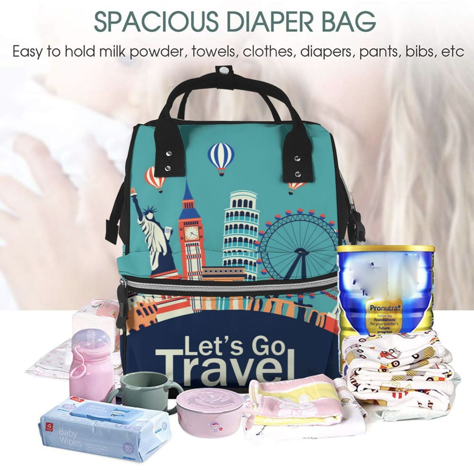 Defioc Let's go Travel for Baby Diaper Bag Backpack - Baby Bag for Boys & Girls - Diaper Backpack - Large Travel Diaper Bags- Baby Registry Search & Shower Gifts
