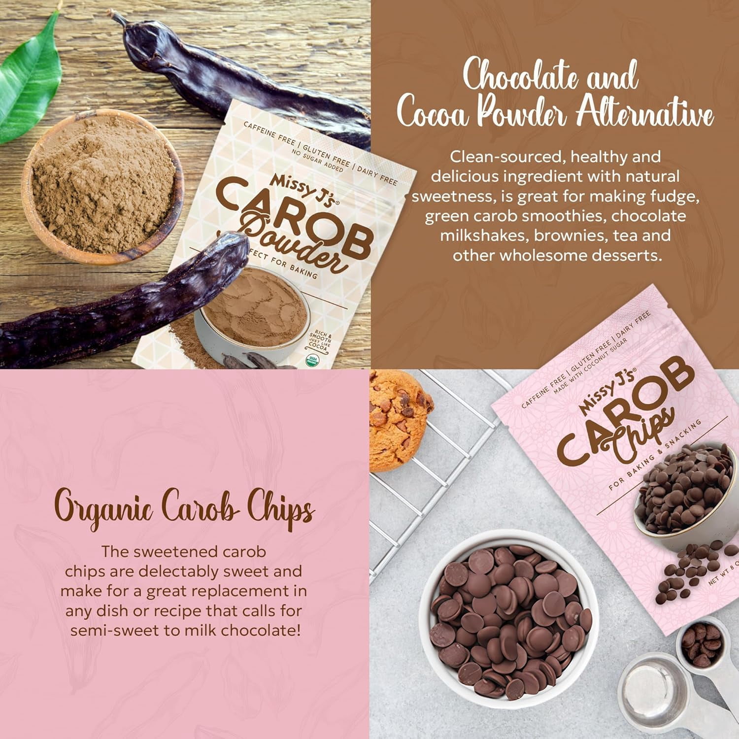 Missy J's Carob Chips Sampler Pack 3 Flavors Vegan Healthy Desserts, Gluten Free Snacks and Treats
