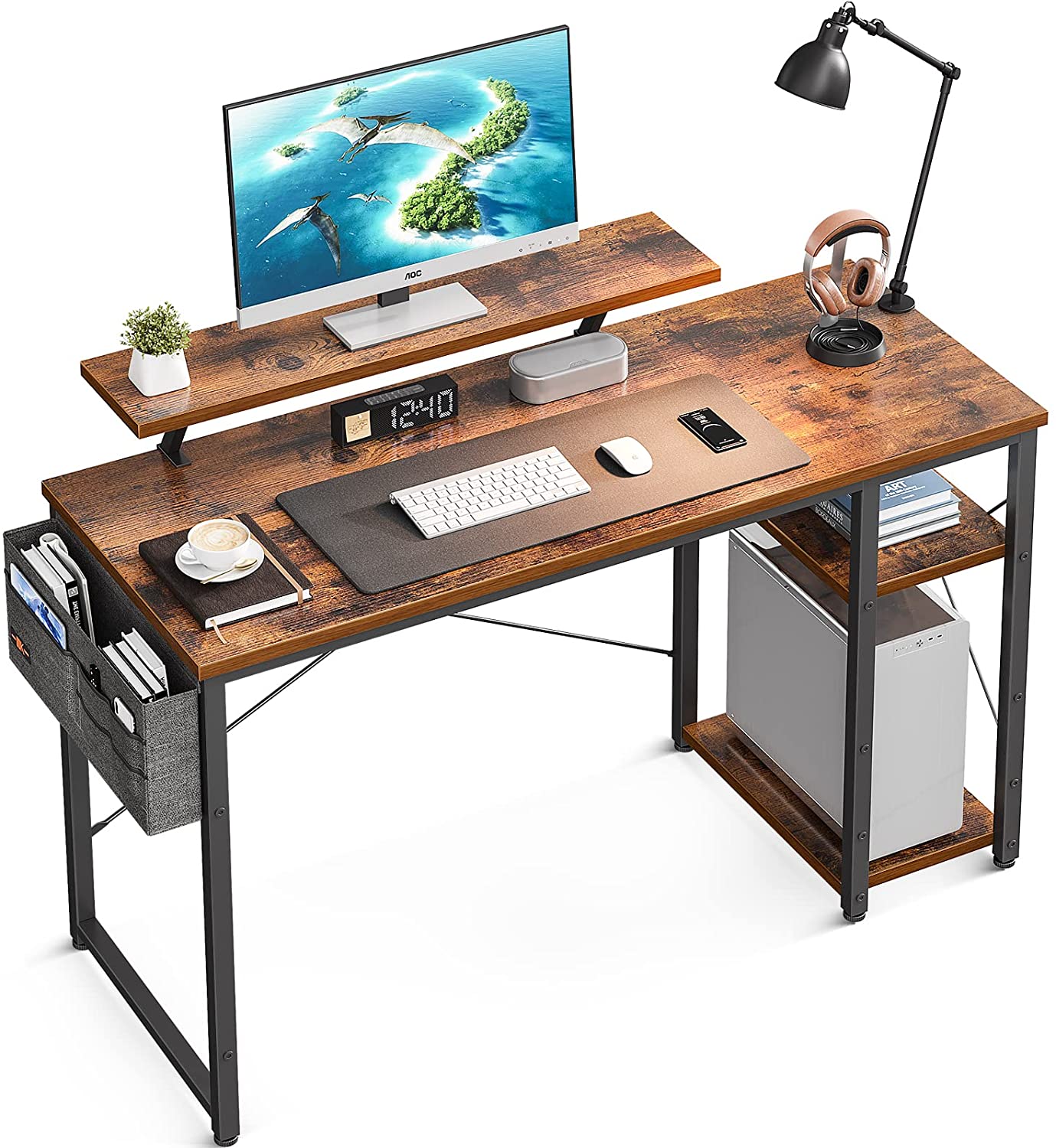 55 Inch Home Office Computer Desk with Monitor Stand and Reversible 2