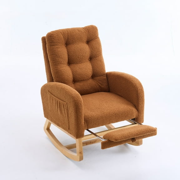 Xukmct Upholstered Leisure Chair Rocking Chair with Side Pocket, High Back Lounge Chair for Living Room, Bedroom, Office, Caramel