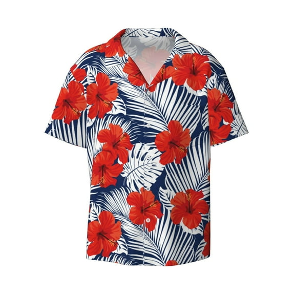 Vsdgher Leaves And Flowers Print Men's Wrinkle Free Untucked Cuban Shirt Business Casual Button Down Shirts Short Sleeve Shirt