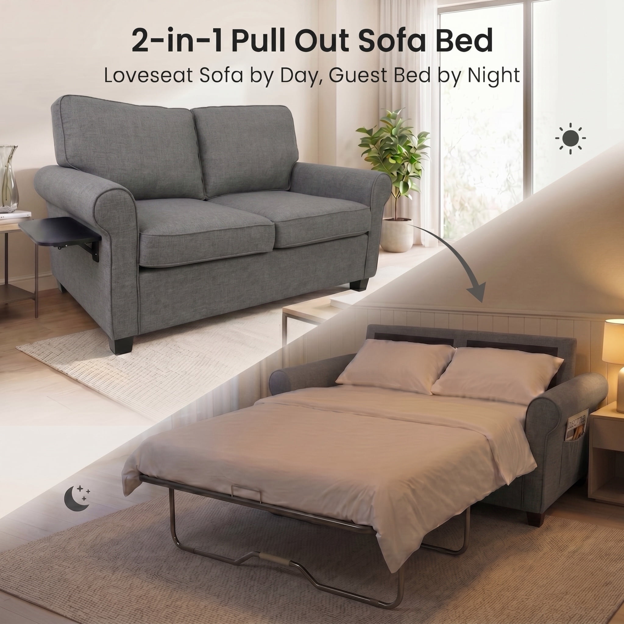 IDEK Pull Out Sofa Bed, 2-in-1 Convertible Loveseat Sleeper Couch with Side Pockets, Gray