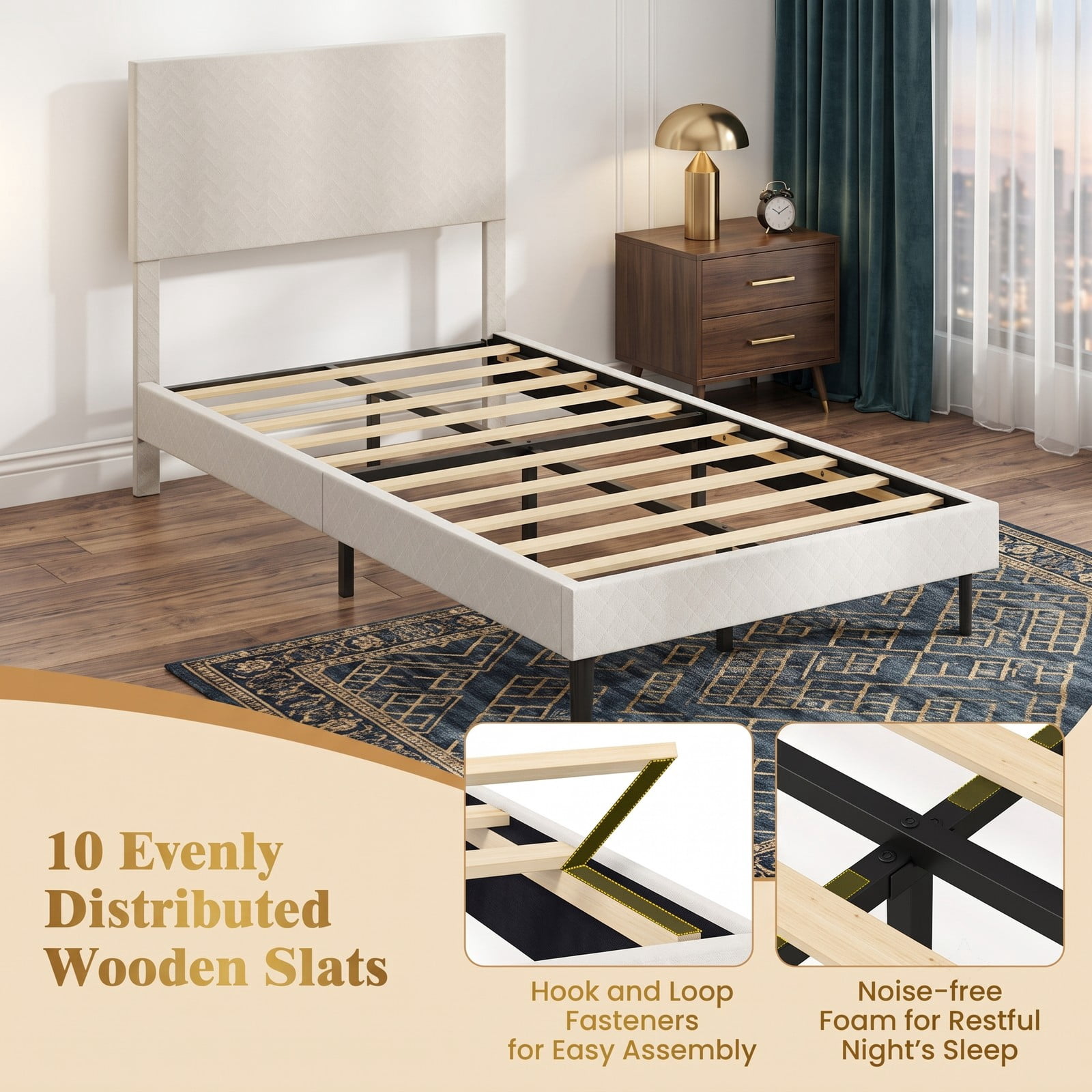Furnibear Twin Bed Frame Velvet Upholstered Platform Bed with Height Adjustable Chevron Headboard and Wooden Slats, Beige