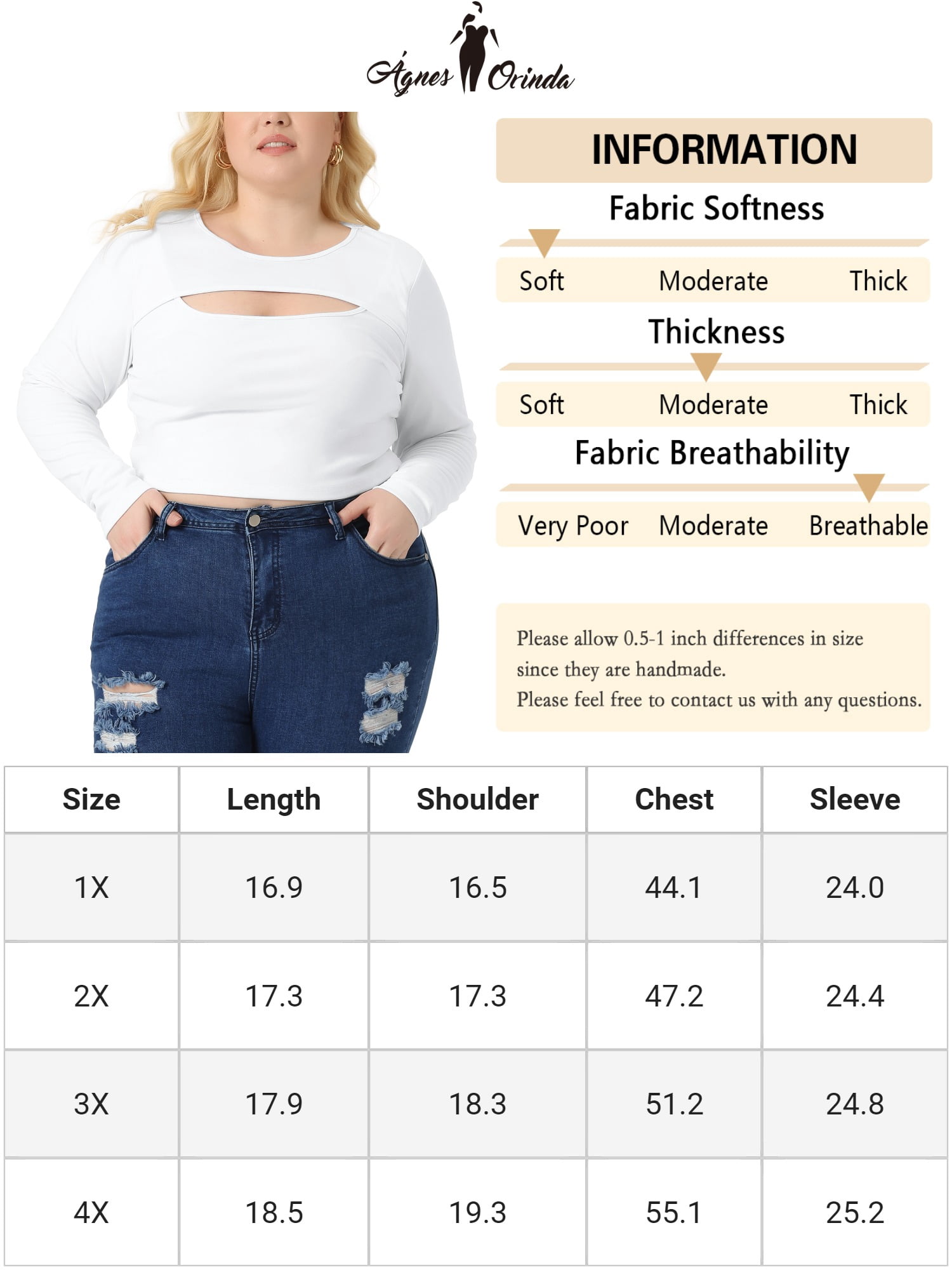 Unique Bargains Women Plus?Size Long Sleeve Round Neck Cut Out Front Fitted T-Shirts 4X White