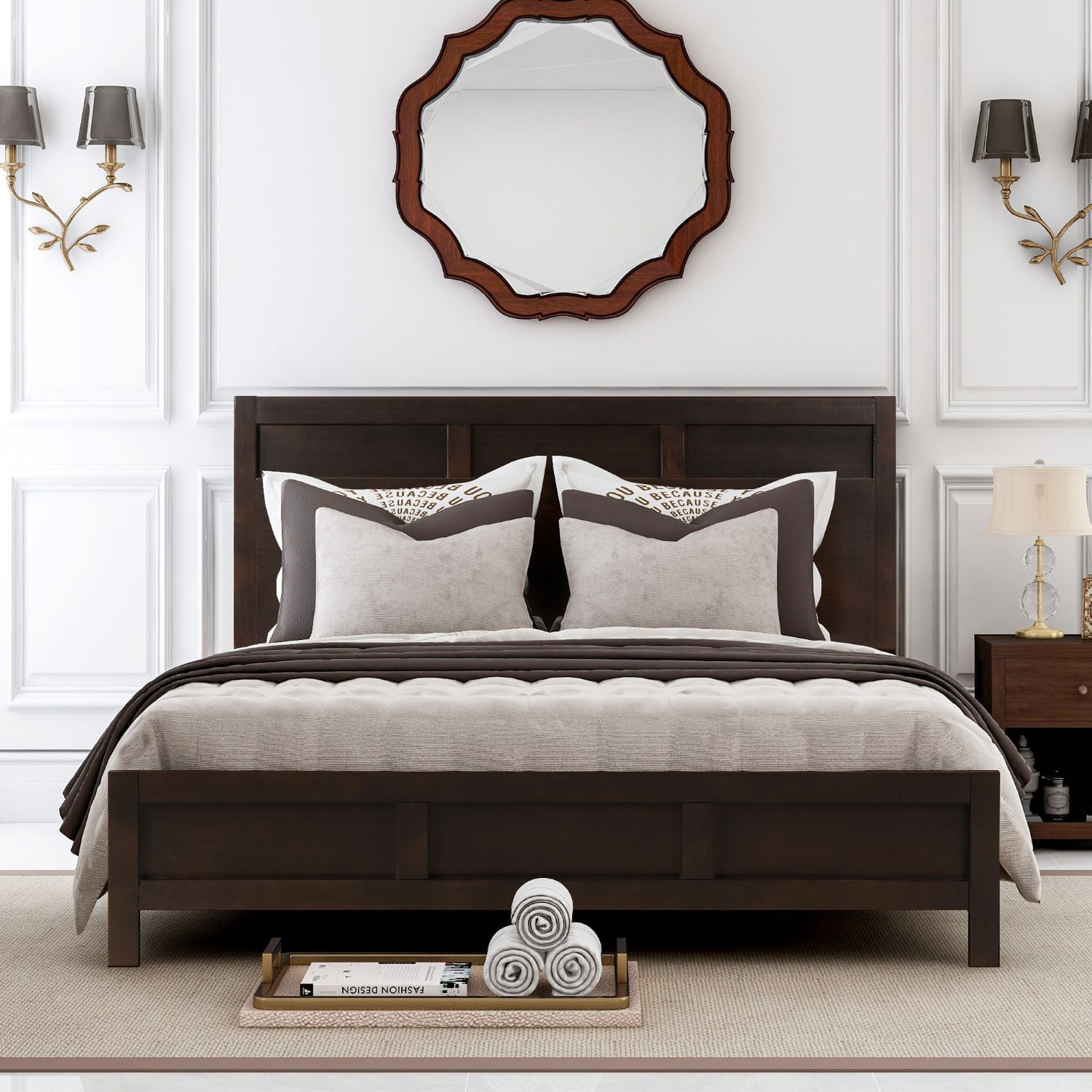 Full Sleigh Bed Frame Wood Headboard Contemporary Furniture Classic Bedroom Beds 