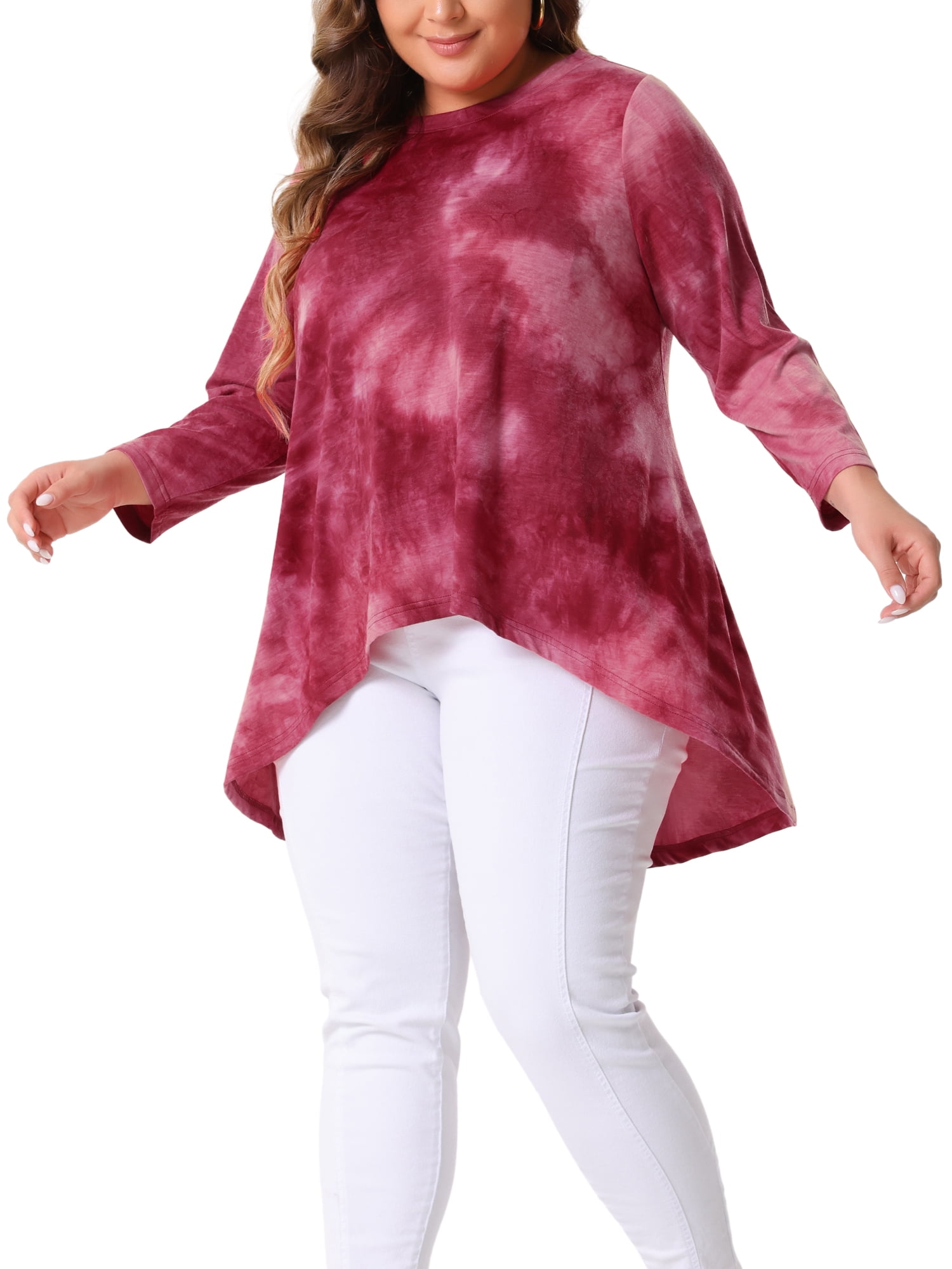 DARING DIVA Women's Plus Size Tie Dye High Low Tunic Tops 4X Burgundy