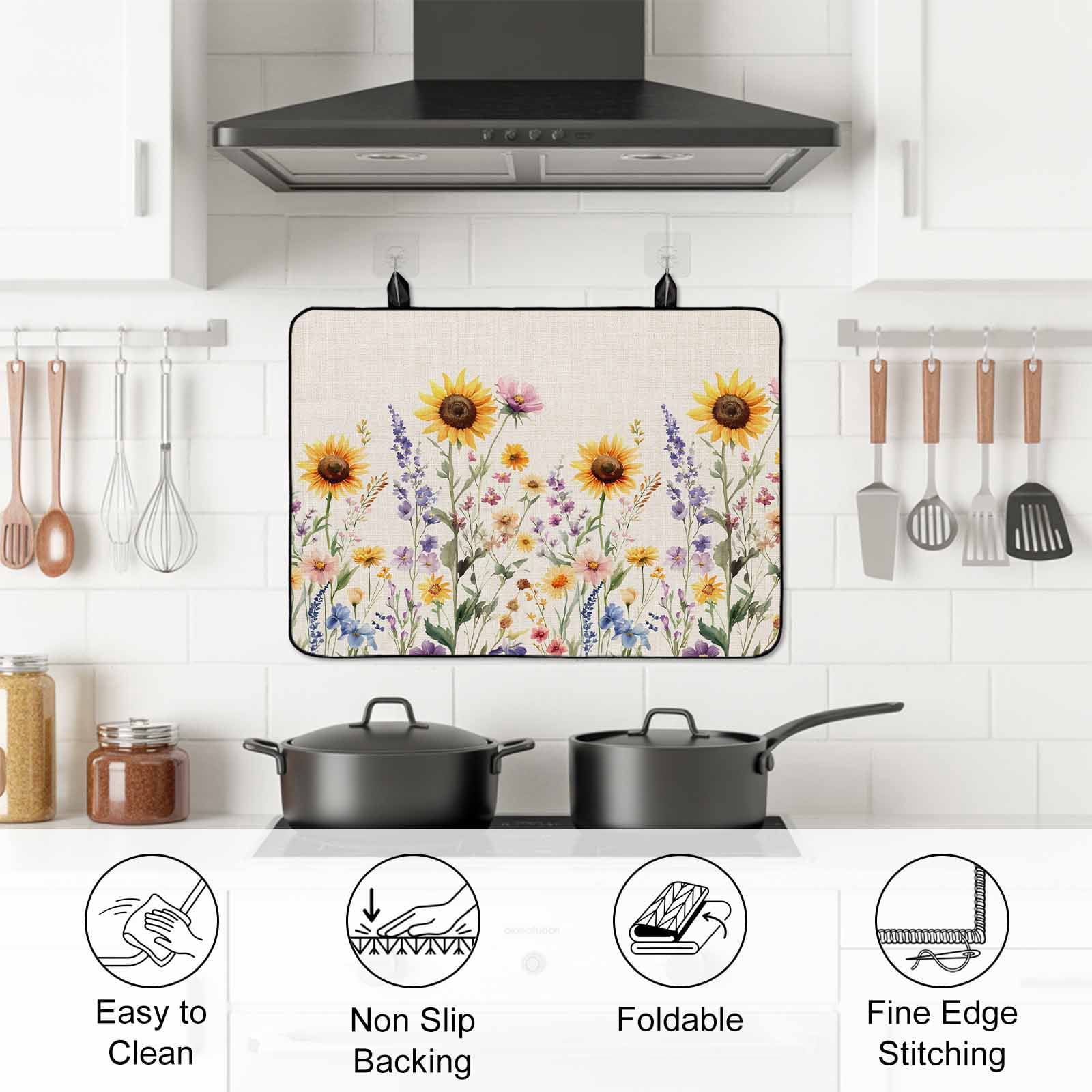 Sunflower Stove Top Cover for Electric Stove, Heat-proof & Non Slip Glass Top Stove Cover Protector, Vintage Spring Floral Summer Botanical Kitchen Flat Cooktop Rubber Mat 24x21 Inches