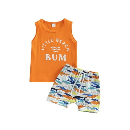 

Karuedoo Toddler Baby Boys Summer Outfits Sleeveless Letter Print Tank Tops+Drawstring Shark Beach Shorts