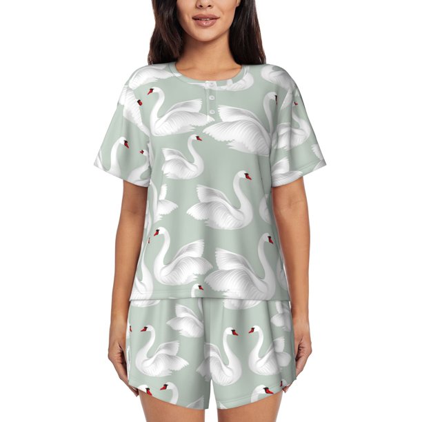 Fotbe White Birds Conjunto de Pijama Estampado para Mujer, 2 Piezas, Ropa de Dormir con Camiseta de Manga Corta y Shorts Suaves-Medium