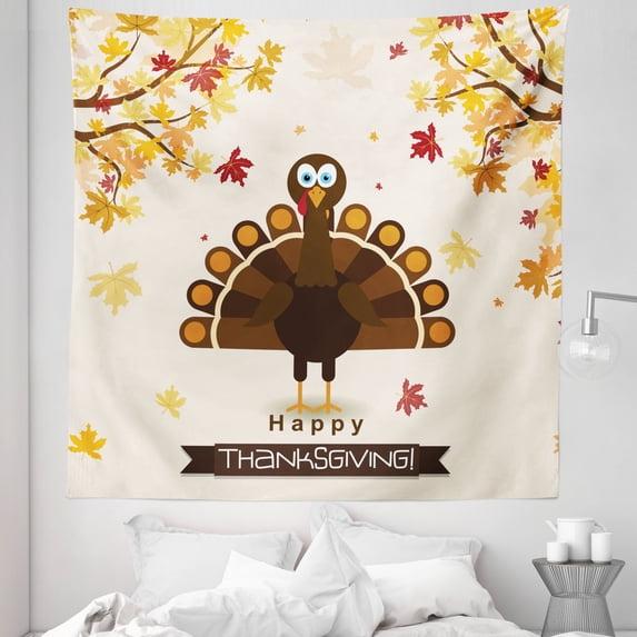 Turkey Tapestry, Fall Season Illustration Holiday Theme Abstract Autumn Celebration, Fabric Wall Hanging Decor for Bedroom Living Room Dorm, 5 Sizes, Brown Orange Yellow, by Ambesonne