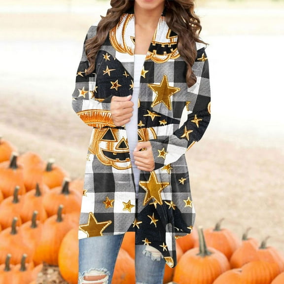 WXLWZYWL Halloween Cardigans for women 2024 Ghost Pumpkin Bat Spide Web Witch Graphic Coats Long Sleeve Lightweight Tops Open Front Fall Jackets