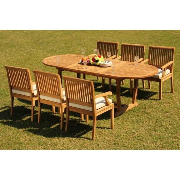 Teak Dining Set:6 Seater 7 Pc - 94" Double Extension Mas Oval Table (Trestle Leg) And 6 Sack Arm Chairs Outdoor Patio Grade-A Teak Wood WholesaleTeak #WMDSSK3