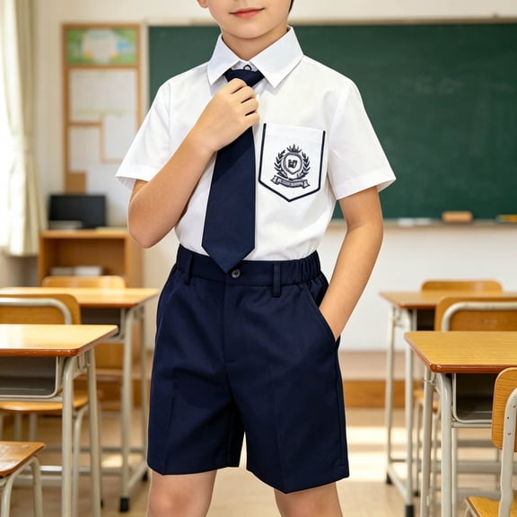 SGFCWSX Boys 2 Piece Outfits School Uniform Short Sleeve Dress Shirt with Tie and Shorts Summer Formal Wear White Size 17